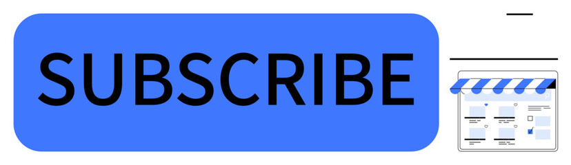 Large blue subscribe button next to an online storefront icon with a striped awning. Ideal for email newsletters, customer engagement, digital marketing, e-commerce, website subscriptions, business