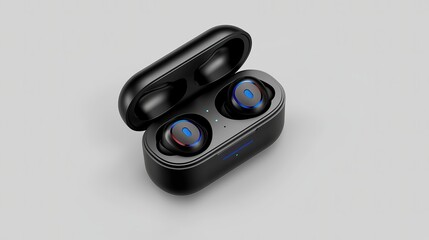 Close-up of stylish wireless earbuds in a sleek charging case against a subtle gray background.