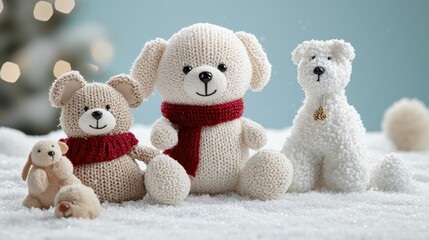A cozy scene featuring knitted animal toys in a snowy setting, evoking warmth and nostalgia.