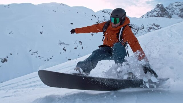 Off Piste Snowboarder Running Down. Super Slow Motion, 1000 fps. Snowboarding on Free Ride off Piste Slope on Sunny Day With Clear Blue Sky in European Alps Mountains, Austria. Speed Ramp Effect.