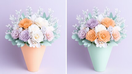 Obraz premium Pastel flower bouquets in peach and mint pots with delicate green leaves on soft purple background