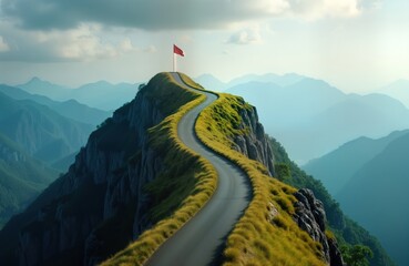 Winding mountain road ascends to summit with flag. Isolated peak offers inspiring view. Path challenging journey to success. Adventure, determination central themes. Motivational symbol for achieving