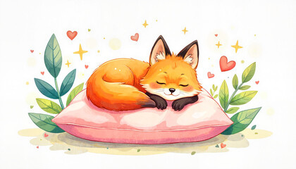 Obraz premium Sleeping fox on a pink pillow surrounded by green leaves