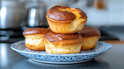 A plate of golden-brown muffins stacked neatly, showcasing their fluffy texture and baked perfection.
