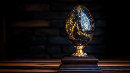 Intricate black and gold ornate egg on wooden stand against dark background