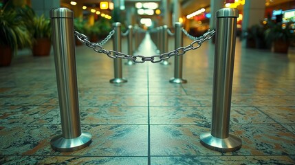 Close-up of polished silver posts with a chain, creating queue management in a modern airport terminal.