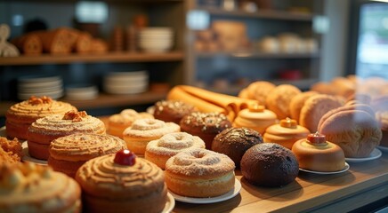 Many different types of pastries on display in a bakery
