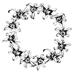 Wreath of lilies in black on a white background