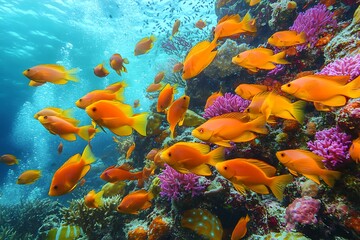 Fototapeta premium Vivid Orange Fish Schooling Near Coral Reef