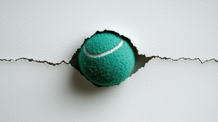 Teal Tennis Ball Emerging Through a Crack in White Surface