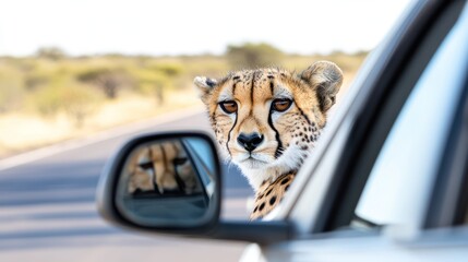 A cheetah peers out of a car window, showcasing wildlife interaction.