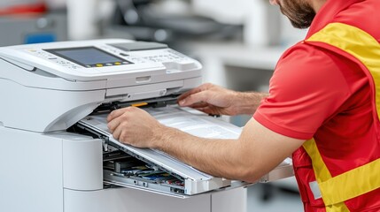 A person operating a photocopier in an office setting.