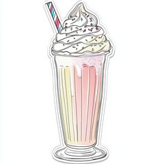 Retro-inspired pink milkshake topped with whipped cream, sprinkles, and a striped straw