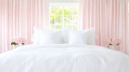 Elegant white bed with pink curtains and flower decor in sunlit bedroom