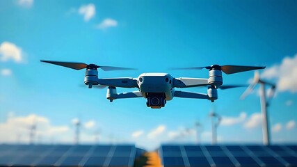 Drone Flying Over Solar Panels and Wind Turbines.