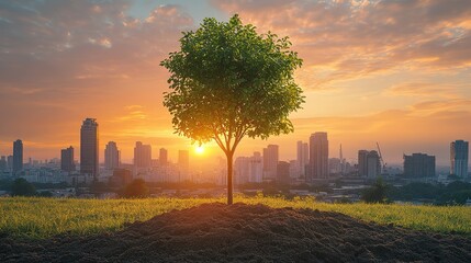 Urban tree planting against a city sunset