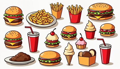 Cartoon illustration of various fast food items. Burgers, fries, ice cream, drinks shown. Colorful, playful design. Variety of fast food, desserts. Collection of foods. Casual, fun atmosphere.