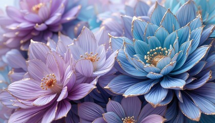 Pastel Dream Flowers: Delicate pastel blue and purple flowers with gold accents, meticulously crafted with a focus on texture and detail, create a dreamy and serene floral arrangement. 