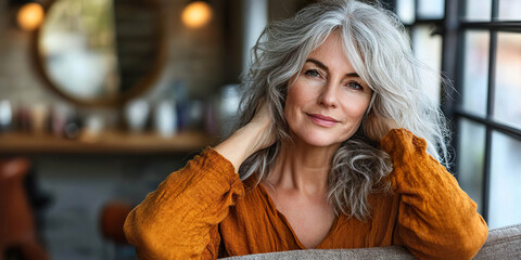 Portrait of an older woman with gray hair, expressing confidence and serenity in a cozy setting. Generated with AI.