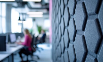 Modern office with a wooden desk, gray chair, laptop, and hexagonal acoustic panels in green, yellow, and gray. Minimalist decor cozy, stylish workspace