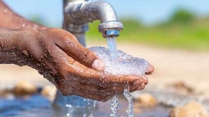 A person cupping hands to catch water from a faucet, symbolizing access to clean water.