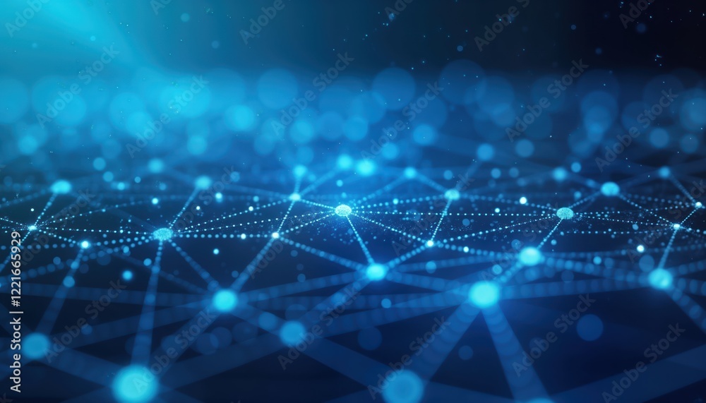 Poster abstract network design. blue glowing lines, nodes show tech connections. dynamic digital illustrati