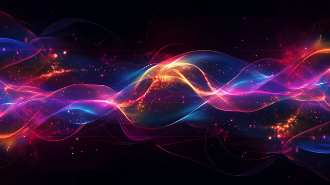 Digital AI banner design, abstract waves of data flowing like energy, glowing quantum circuits, sci-fi cybernetic elements, vibrant futuristic colors.