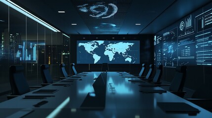 A modern conference room with a large screen displaying a world map and data charts