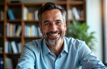 Obraz premium Middle-aged Hispanic man smiles happily in indoor portrait. Seated in office library. Wears casual attire. Positive, mature expression. Image focuses on happy person. Indoor setting with bookshelves