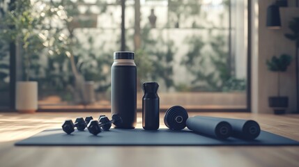 Home gym essentials on mat, sunlit room, workout