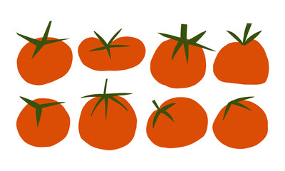 Hand Drawn Tomato Icon Set with Rustic Style. A collection of hand-drawn tomato illustrations with vibrant red tones and green stems, perfect for food-related projects and rustic designs
