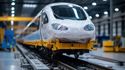 Fototapeta premium A wrapped high-speed train on tracks inside a manufacturing facility.