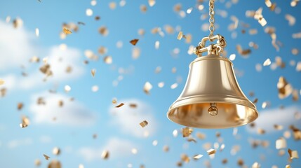 Golden bell hanging amidst falling confetti against blue sky celebration concept