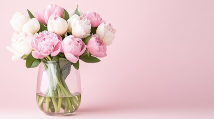 Obraz premium Elegant pink and white flowers in glass vase against a soft pink background