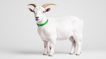 Fototapeta premium Charming white goat with green collar against simple background