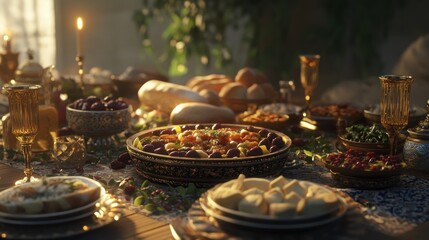 Naklejka premium Sunlit Festive Middle Eastern Feast, Indoor Table Setting