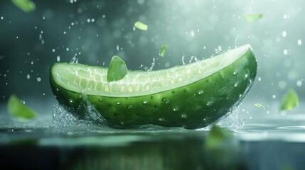 Fresh cucumber slice splashing, water droplets, green background, healthy food ad