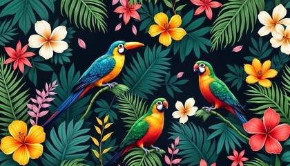 Tropical rainforest seamless pattern with vibrant birds, flowers. Colorful toucans, parrots perch on branches among foliage. Tropical flowers, plants create luxurious, natural design perfect for