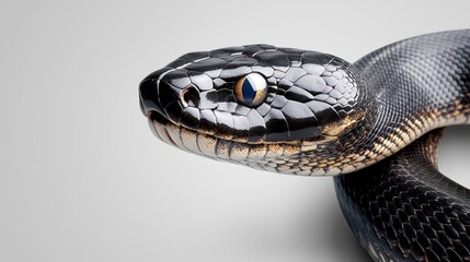 A close-up of a black snake showcasing its scales and eye detail.