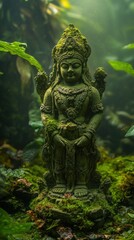 Fototapeta premium Ancient moss covered stone statue of a deity in lush green forest setting