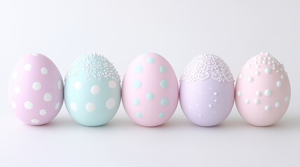 Obraz premium Pastel easter eggs with delicate white polka dot and lace designs on minimalist background