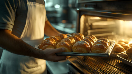 Baker Removing Tray of Croissants from Oven