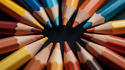 Fototapeta premium Close-up of colorful pencils arranged in a circular pattern on a blackboard, showcasing creativity and vivid detail.