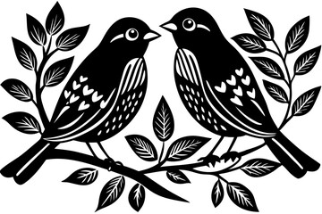 Two birds in love, sitting on a branch, vector art illustration white background 