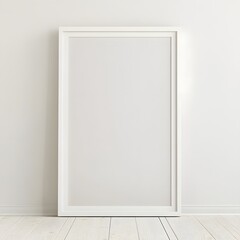 Photorealistic mock-up of a white picture frame on a wall in a classic scandinavian design. White with a matte finish and an off-white textured background inside the frame.
