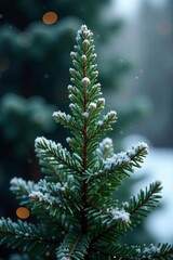Icy glitter dust settles on a lush green fir tree, frosty, snowflake, foliage