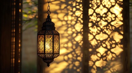 Moroccan lantern illuminates patio, sunset backdrop