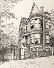 Fototapeta premium Elegant Victorian Brick House with Gate and Trees