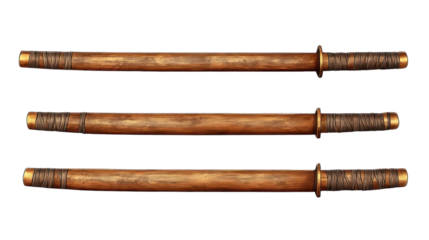 Three Wooden Bokken Swords: A set of three wooden bokken swords, traditional Japanese training weapons, laid out in a row. Each bokken features intricate details.