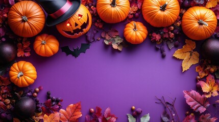Festive Halloween pumpkins with witch hats, glowing jack-o'-lantern faces, and autumn leaves on a purple background.